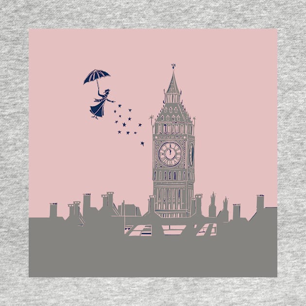 Mary Poppins Flying over Big Ben Linocut in Pink and Grey by Maddybennettart